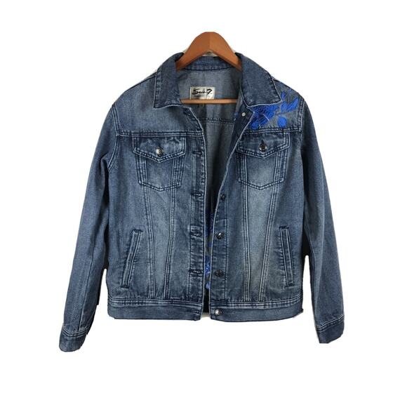 Seven7 Blue Floral Embroidered Denim Jacket Women’s Sz Small - Picture 2 of 7
